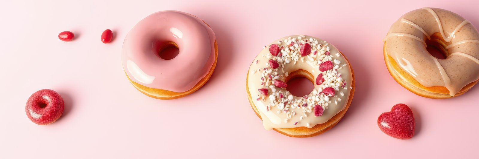 Delicious donuts arranged artistically on a light pink background for an enticing dessert display